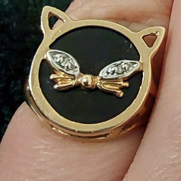 ONYX 14KT YELLOW GOLD CAT DIAMOND ACCENTS RING VINTAGE - Picture 10 of 14